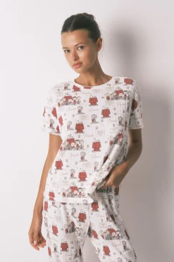 Women'secret Pijama Capri canalé gris Snoopy estampado Hot