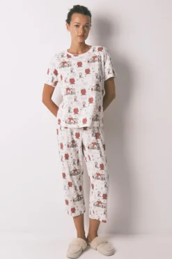 Women'secret Pijama Capri canalé gris Snoopy estampado Hot