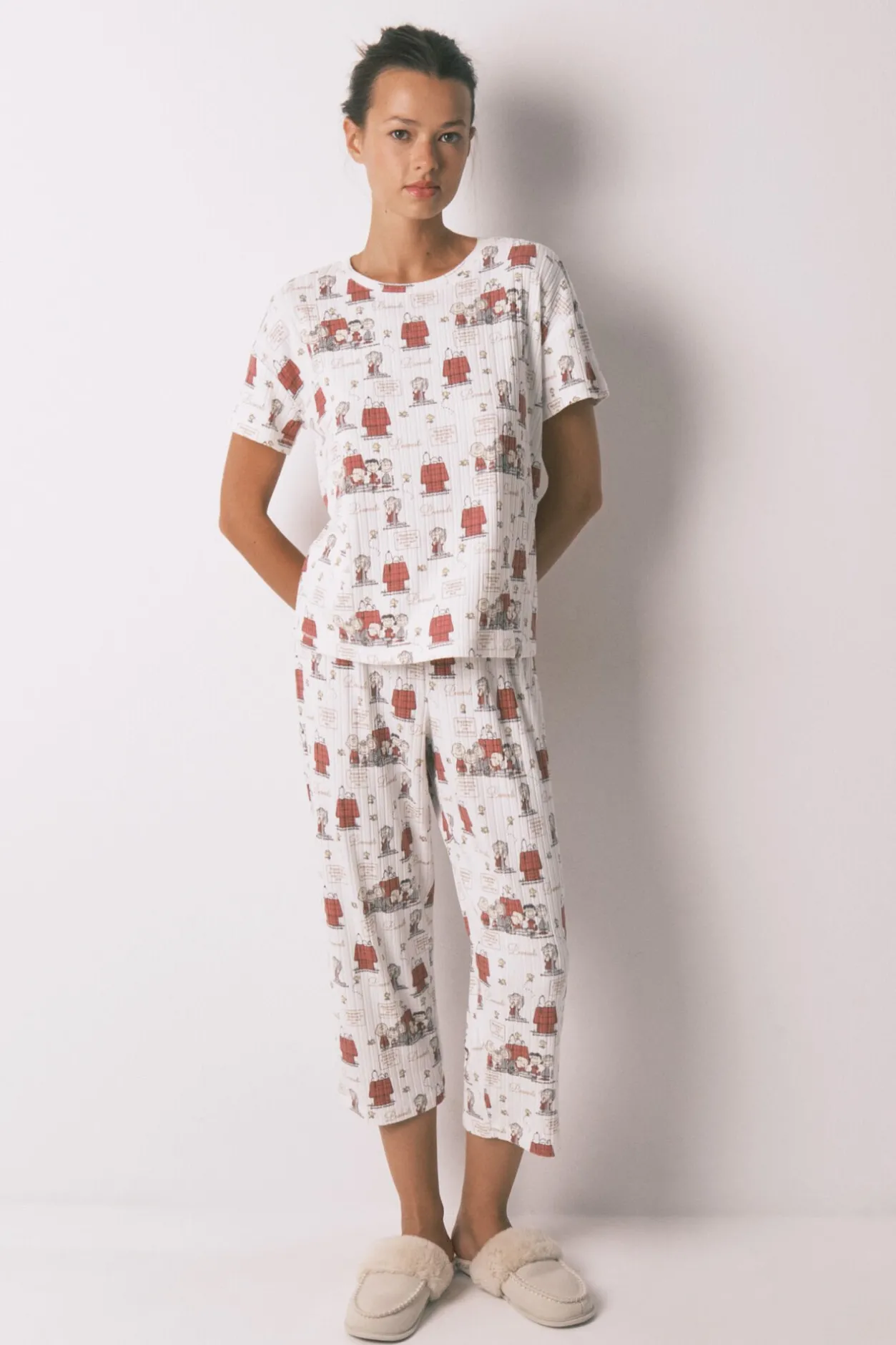 Women'secret Pijama Capri canalé gris Snoopy estampado Hot