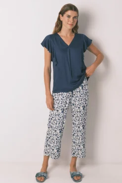 Women'secret Pijama Capri viscosa floral azul estampado New