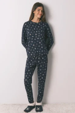 Women'secret Pijama largo 100% algodón estampado ranitas azul
