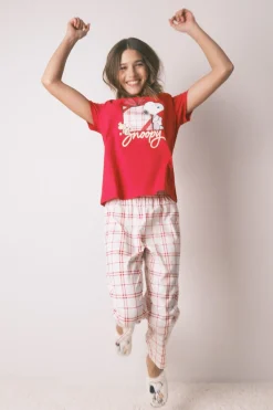 Women'secret Pijama largo 100% algodón cuadros Snoopy rojo