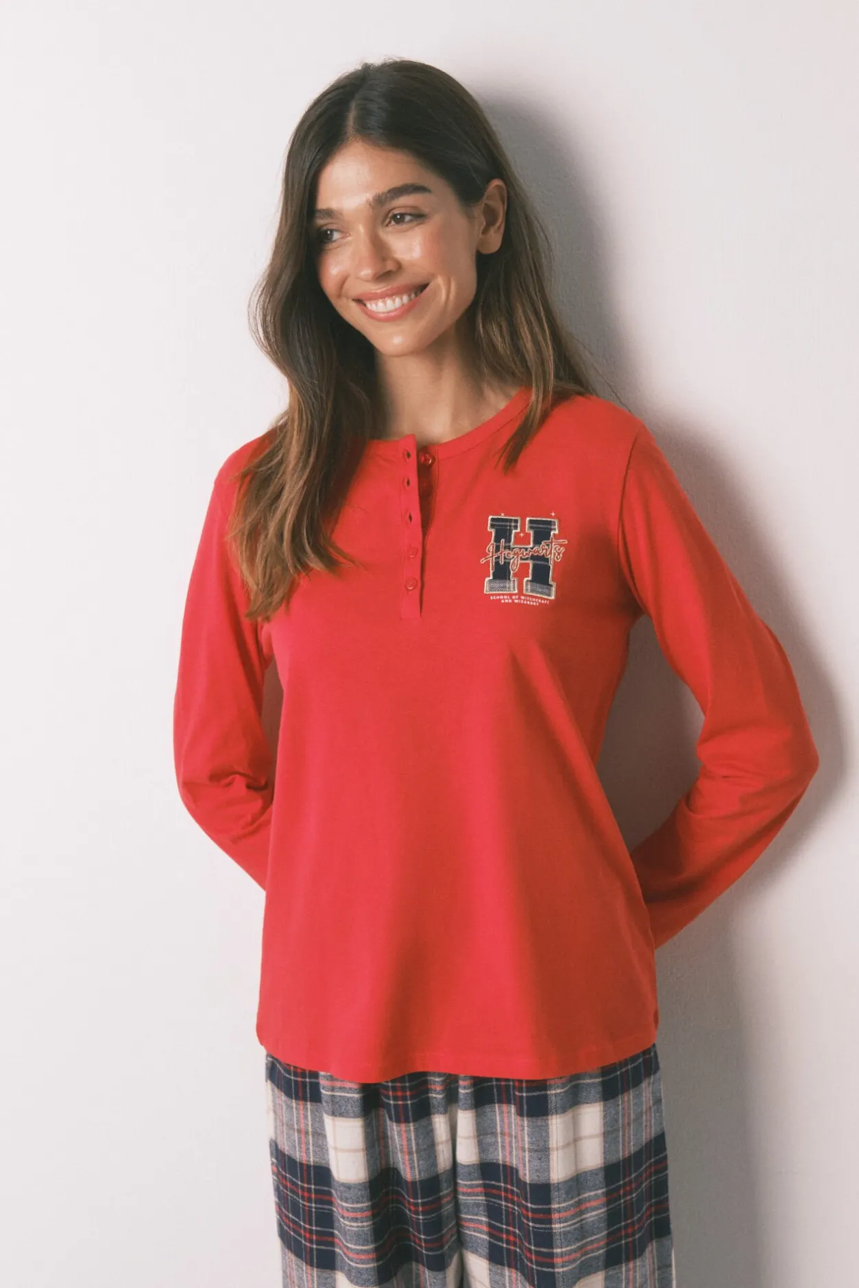 Women'secret Pijama largo 100% algodón estampado cuadros "Hogwarts" rojo Discount