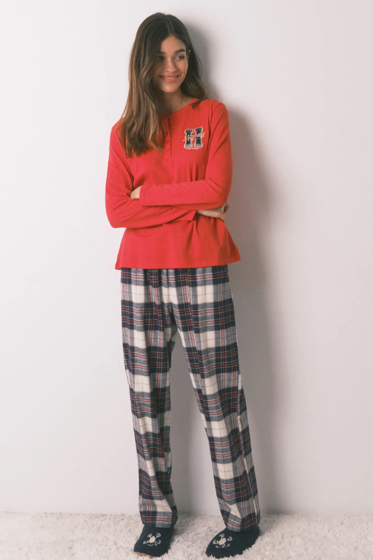 Women'secret Pijama largo 100% algodón estampado cuadros "Hogwarts" rojo Discount