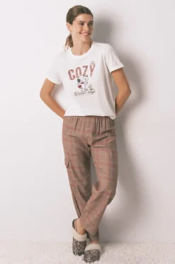 Women'secret Pijama largo 100% algodón estampado cuadros Snoopy marfil New