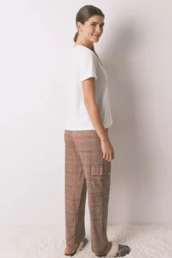 Women'secret Pijama largo 100% algodón estampado cuadros Snoopy marfil New