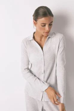 Women'secret Pijama largo algodón canalé gris