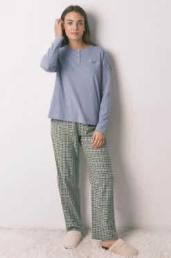Women'secret Pijama largo algodón pantalón cuadros azul Outlet
