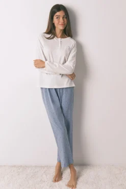 Women'secret Pijama largo algodón pantalón flores marfil Outlet