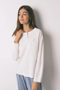 Women'secret Pijama largo algodón pantalón flores marfil Outlet