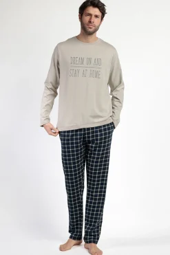 Admas Pijama largo azul y cuadrospara hombre beige Hot