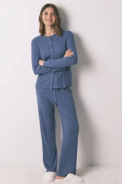 Women'secret Pijama largo canalé efecto brillo azul Discount