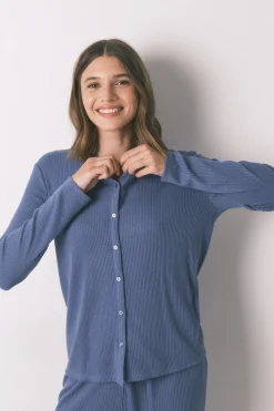 Women'secret Pijama largo canalé efecto brillo azul Discount