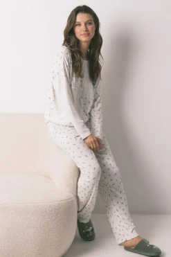 Women'secret Pijama largo canalé Mafalda blanco marfil Outlet
