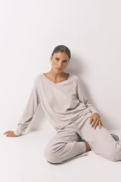 Women'secret Pijama largo canalé perchado gris Clearance