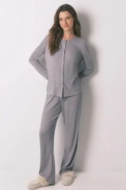 Women'secret Pijama largo canalé suave brillo gris Clearance