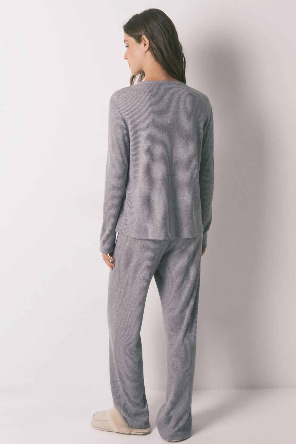 Women'secret Pijama largo canalé suave brillo gris Clearance
