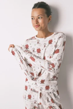 Women'secret Pijama largo canalé suave blanco Snoopy marfil Hot