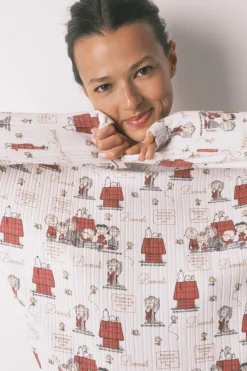 Women'secret Pijama largo canalé suave blanco Snoopy marfil Hot