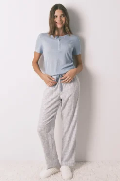 Women'secret Pijama largo cuadros efecto brillo azul Clearance