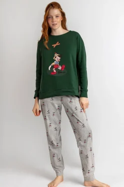 Admas Pijama largo estampado Pinocho para mujer verde Discount