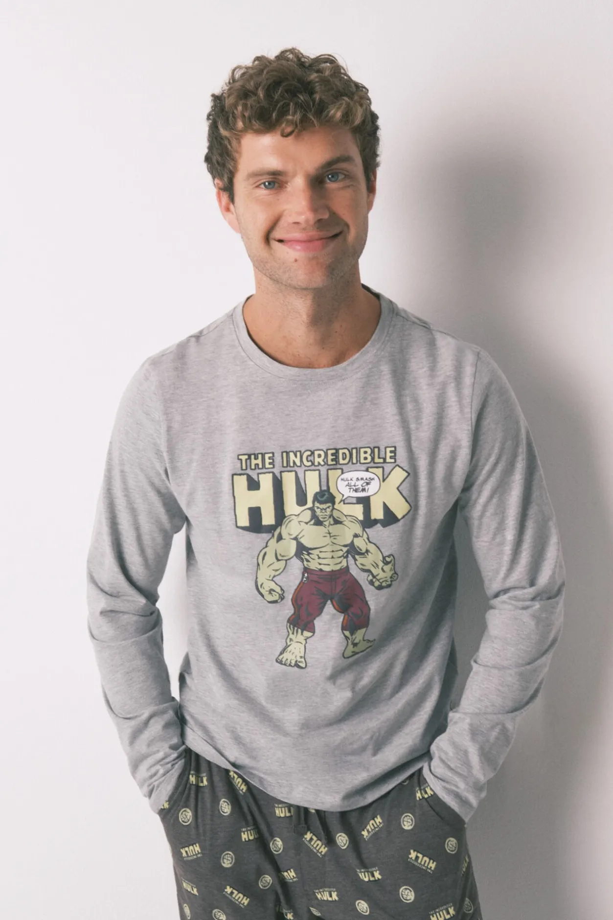 Women'secret Pijama largo hombre 100% algodón "Hulk" gris New