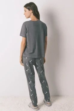 Women'secret Pijama largo manga corta 100% algodón Snoopy gris Clearance