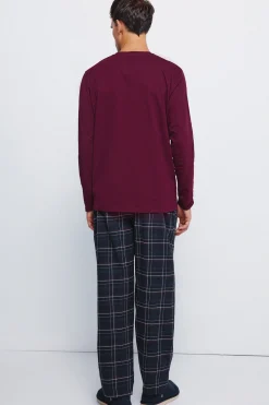 Springfield Pijama largo pantalón fannel cuadros granate burdeos Outlet