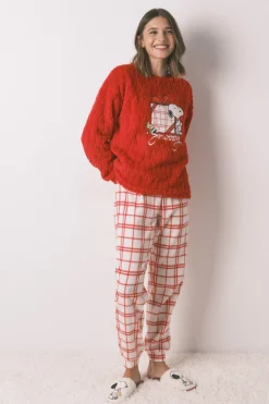 Women'secret Pijama largo polar cuadros Snoopy rojo Best