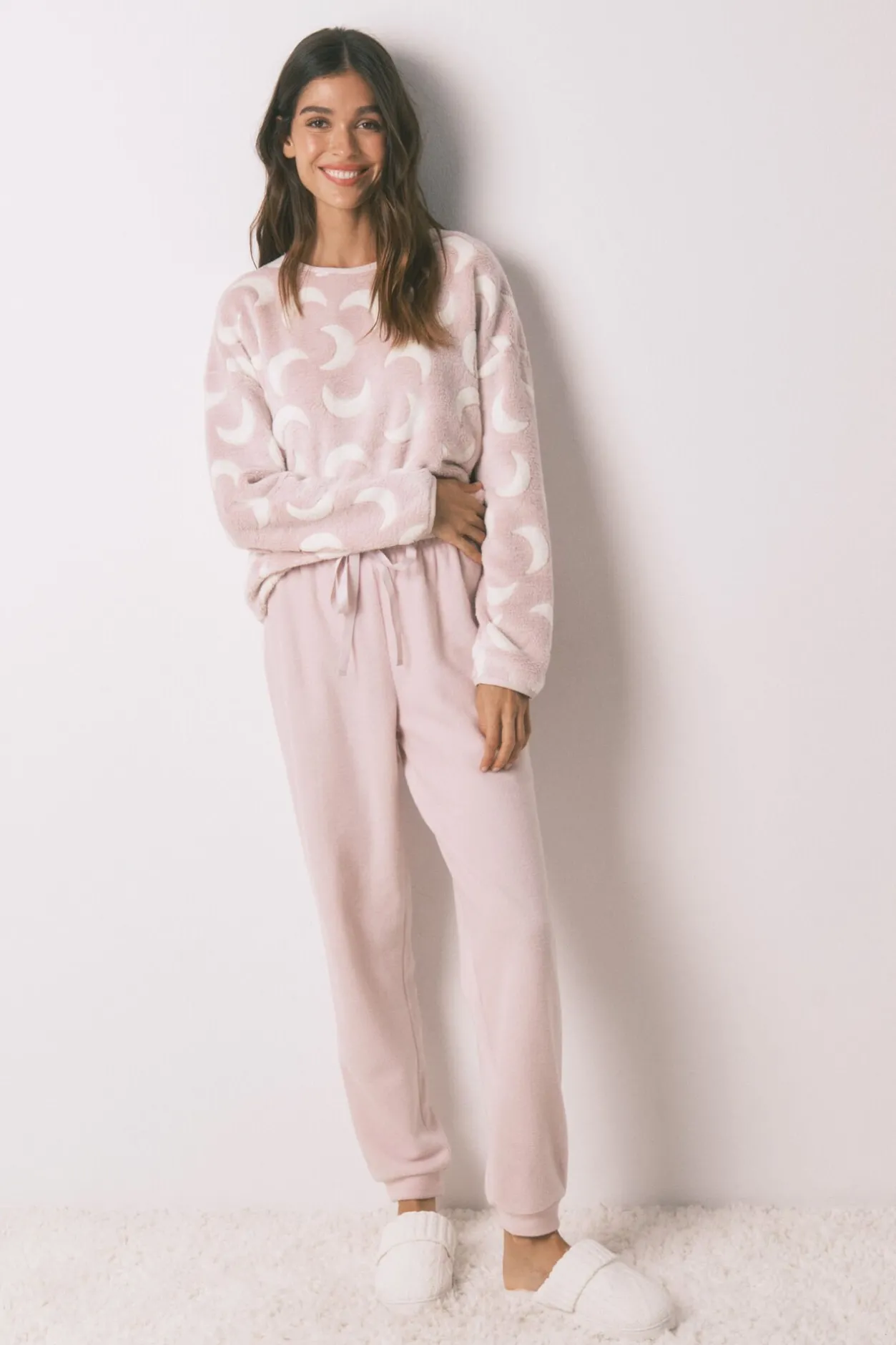 Women'secret Pijama largo polar mousse lunas rosa Discount