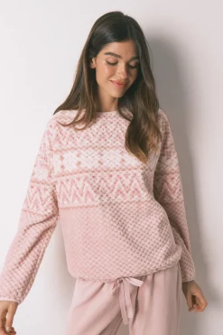 Women'secret Pijama largo polar cenefa rosa Discount