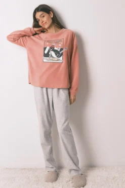 Women'secret Pijama largo polar suave y gris Pingu rosa New