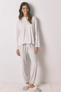 Women'secret Pijama largo polar suave cenefas gris blanco New