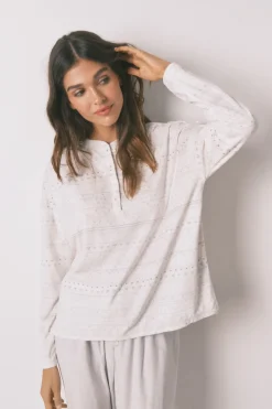 Women'secret Pijama largo polar suave cenefas gris blanco New