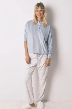 Women'secret Pijama largo polar suave cenefas azul Outlet