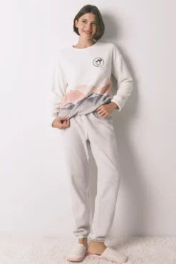 Women'secret Pijama largo polar suave estampado Pingu marfil Discount