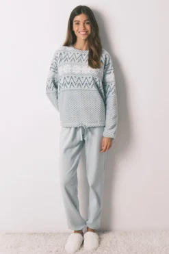 Women'secret Pijama largo polar verde cenefa blanco New