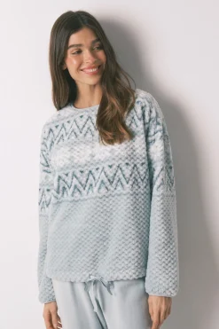 Women'secret Pijama largo polar verde cenefa blanco New