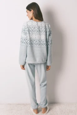 Women'secret Pijama largo polar verde cenefa blanco New