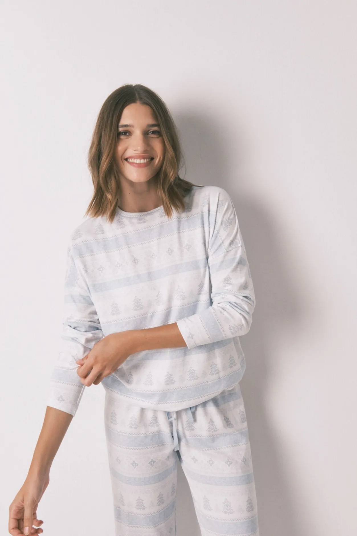 Women'secret Pijama largo punto suave cenefas azul estampado Hot