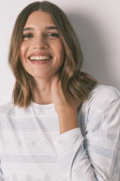 Women'secret Pijama largo punto suave cenefas azul estampado Hot