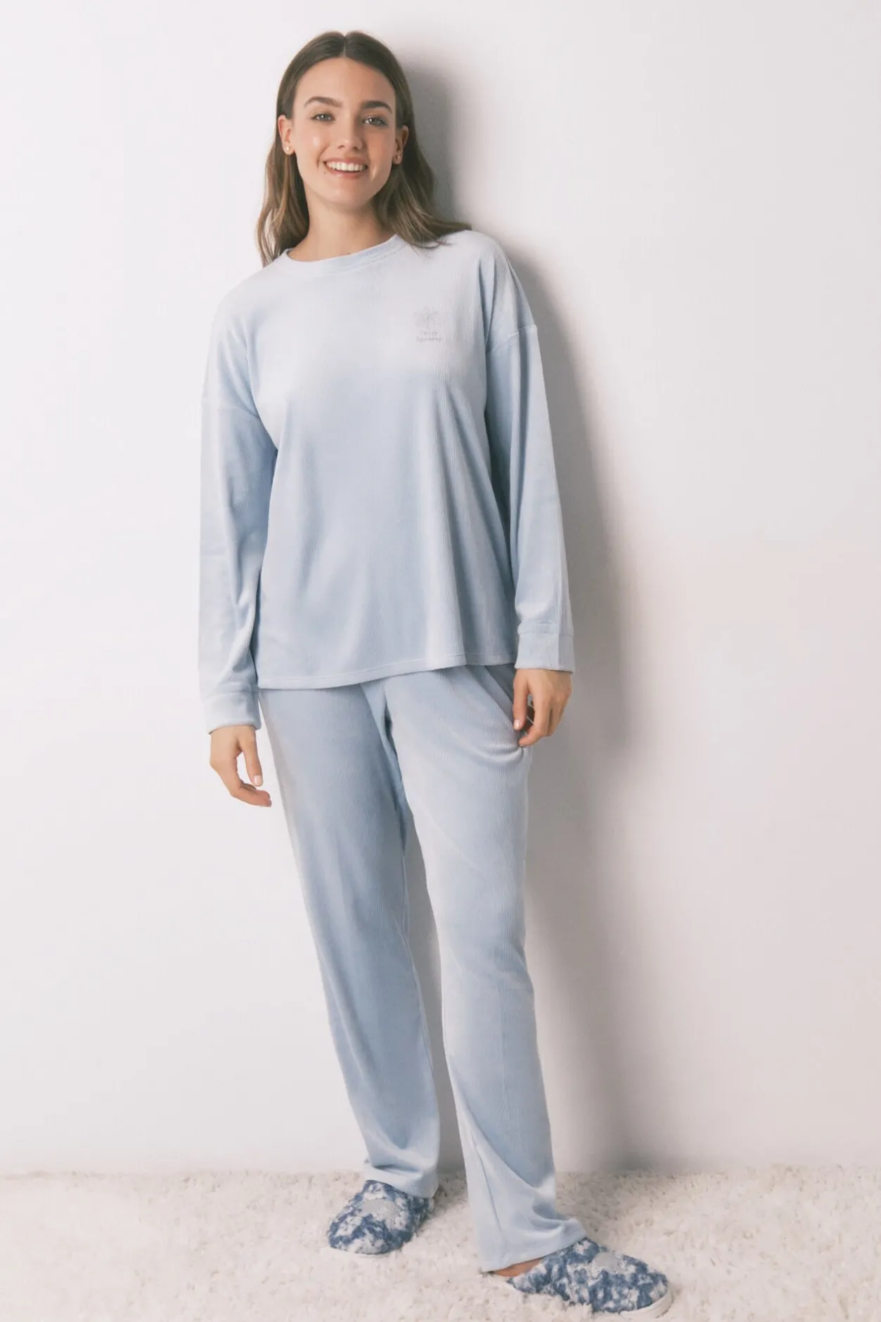 Women'secret Pijama largo terciopelo canalé azul Clearance