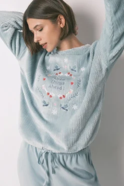 Women'secret Pijama largo terciopelo textura azul New