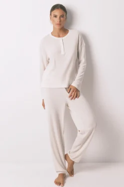 Women'secret Pijama largo textura waffle blanco Discount