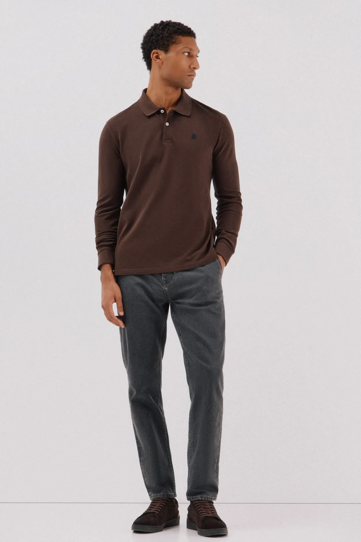 Cortefiel Polo básico manga larga Marrón oscuro Outlet