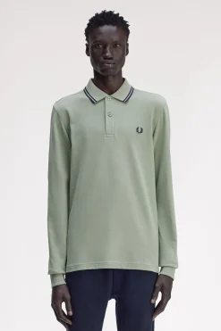 Fred Perry Polo de hombre de piqué de manga larga Kaki Online