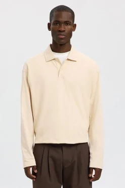 Selected Polo jacquard de manga larga 100% algodón orgánico Beige Best