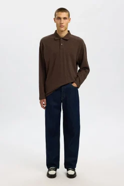 Selected Polo jacquard de manga larga 100% algodón orgánico Marr&oacute;n oscuro Online