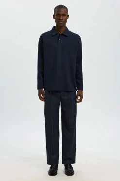 Selected Polo jacquard manga larga 100% algodón orgánico Azul marino Outlet