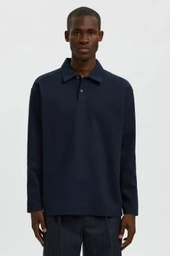 Selected Polo jacquard manga larga 100% algodón orgánico Azul marino Outlet